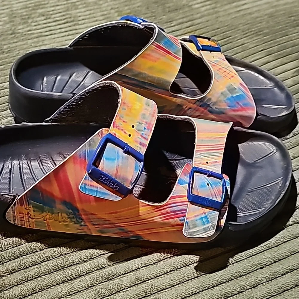 Birkenstock Multicolor Swirl Pattern Arizona Sandals with Blue Buckles - Picture 3 of 9